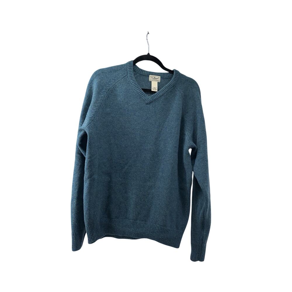 LL Bean Size M Reg Sweater Teal 100% Lambswool Pullover V Neck Winter Holiday